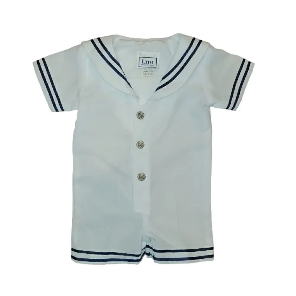 NWOT Lito Children's Wear Boys White Sailor Suit Shortall Romper with Hat 6-12M
